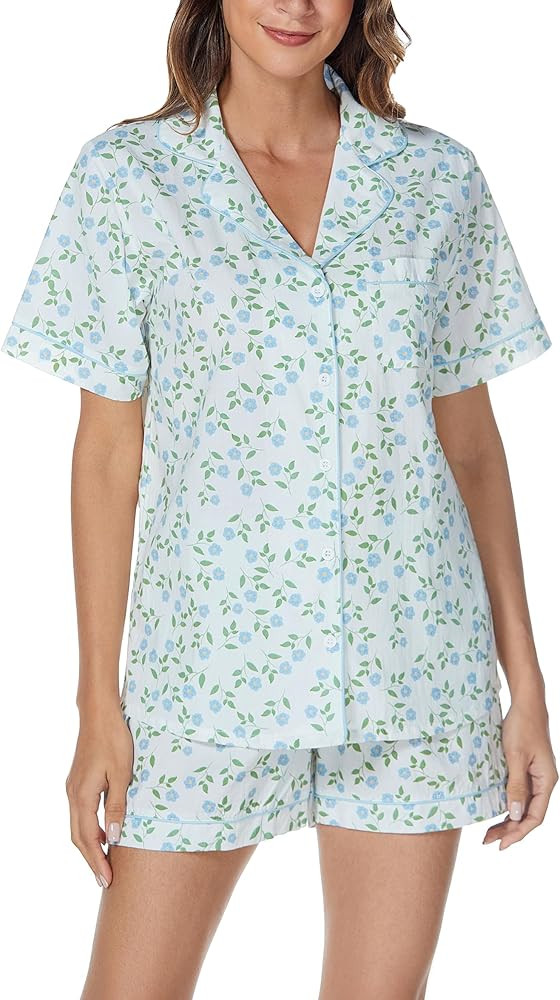 LUBOT 100% Cotton Pajamas for Women 2 Piece PJ Set Woven Poplin Ladies Button Down Short Sleeve S... | Amazon (US)