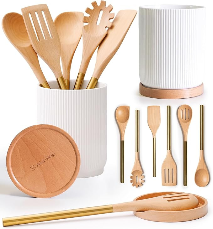 STYLED SETTINGS Wooden Cooking Utensils Set – 8 PC Set Includes Wood and Gold Kitchen Utensils,... | Amazon (US)
