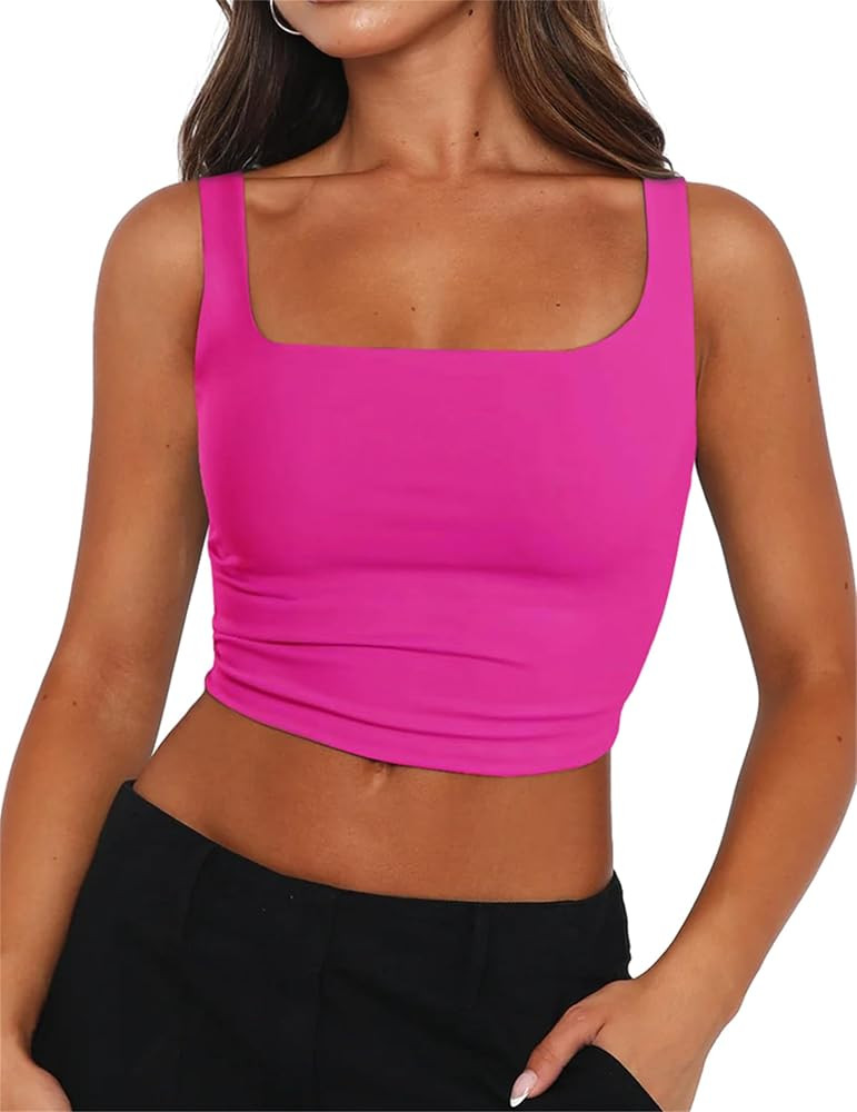 Zeagoo Women's Square Neck Sleeveless Crop Tops 2026 Cute Double Layer Casual Slim Fit Trendy Tan... | Amazon (US)