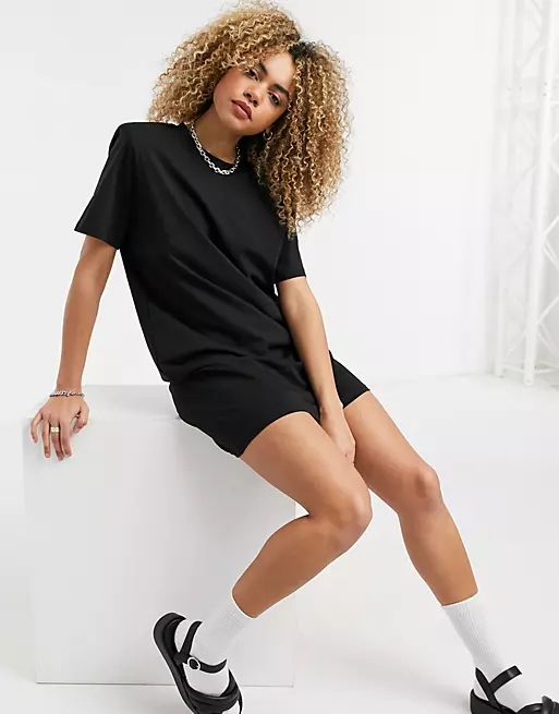 Weekday Kahlo ORGANIC COTTON midi t-shirt dress with shoulder pads in black | ASOS (Global)