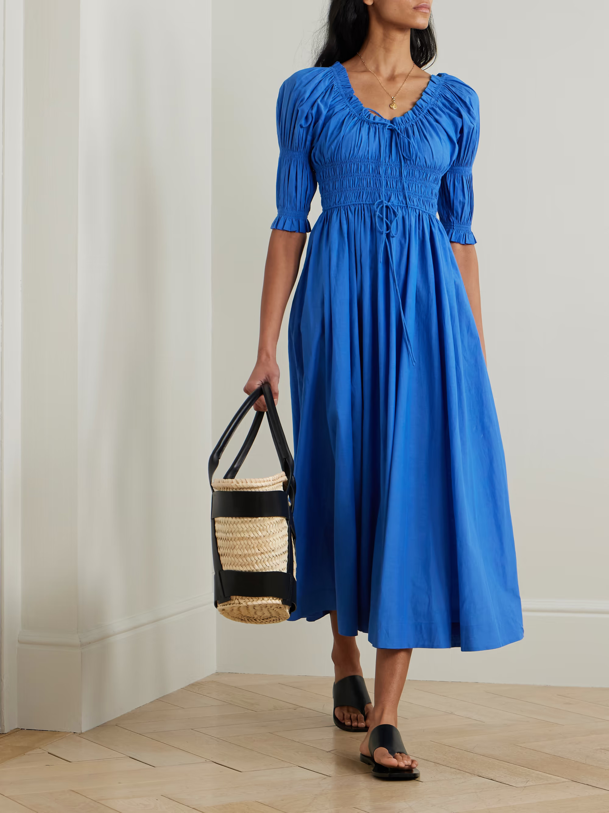 Ischia shirred organic cotton-blend voile midi dress | NET-A-PORTER (US)