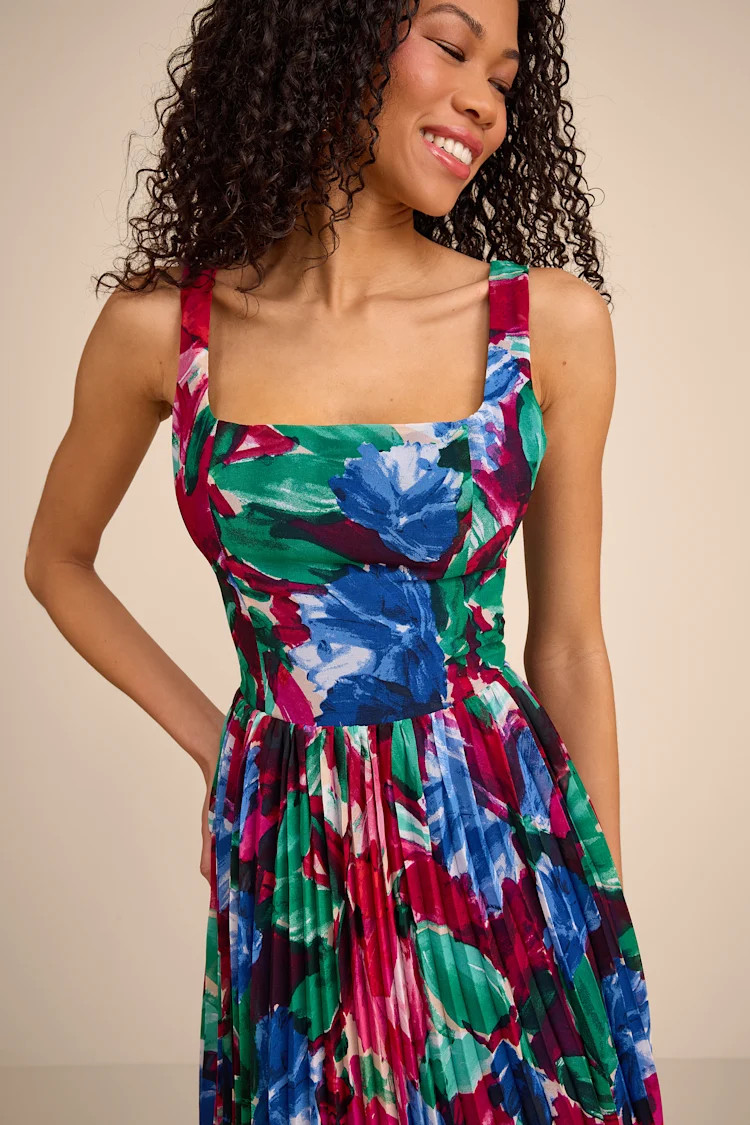 Malanda Fuchsia Multi Floral Pleated Midi Dress | Lulus