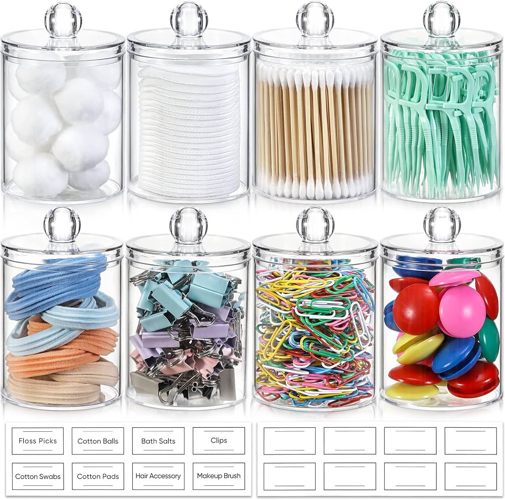 8 Pack Qtip Holder Dispenser with Lids & Labels, Cotton Ball, Cotton Swab, Cotton Round Pads, Flo... | Amazon (US)