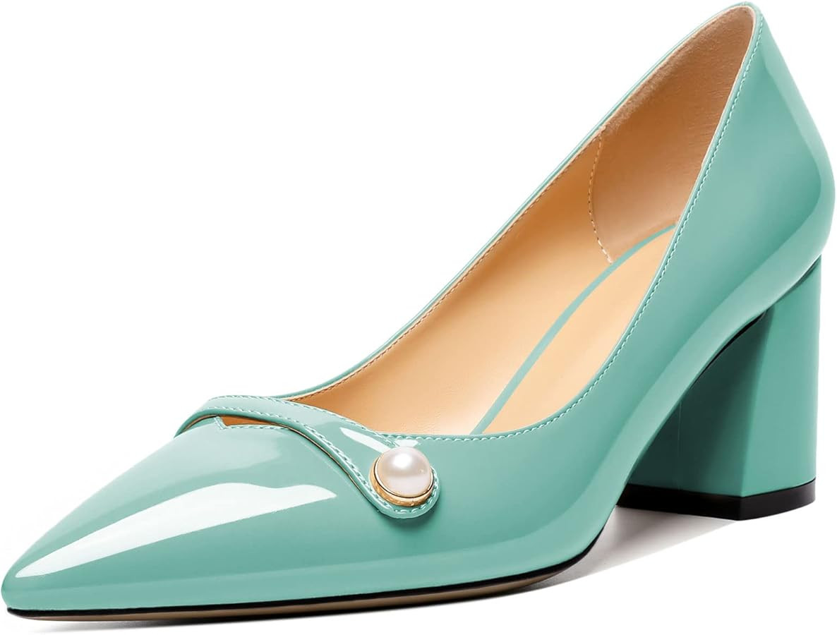 AUMOTED Women's Chunky Block Heel Pumps Pointed Toe Slip On Chunky Mid Heels Ladies Work Office D... | Amazon (US)