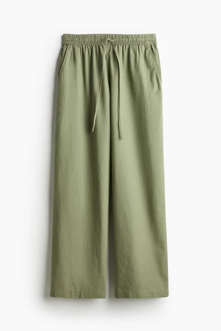Linen-blend Pants - Regular waist - Long - Khaki green - Ladies | H&M US | H&M (US + CA)