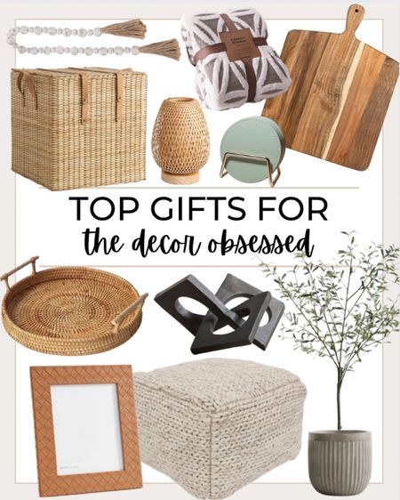 Top gifts for the decor obsessed include square floor pouf, planter pot, faux olive tree, black geometric decor, woven leather photo frame, rattan tray, green coaster set, rattan lamp, storage basket, throw blanket, wooden bead garland, and charcuterie board.

Gift guide, gifts for her, decor gifts, home gifts, Christmas gifts

#LTKhome #LTKunder100 #LTKGiftGuide