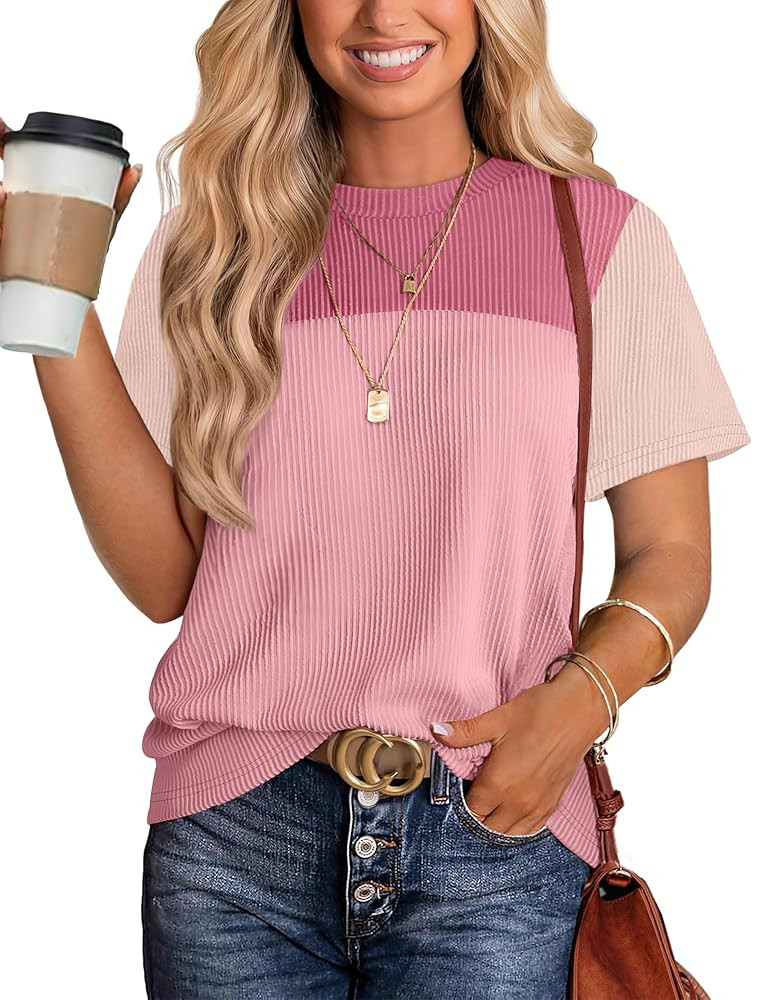 WIHOLL Womens Fashion 2025 Color Block Shirts Short Sleeve Crewneck Knitted Spring Summer Tops Ca... | Amazon (US)