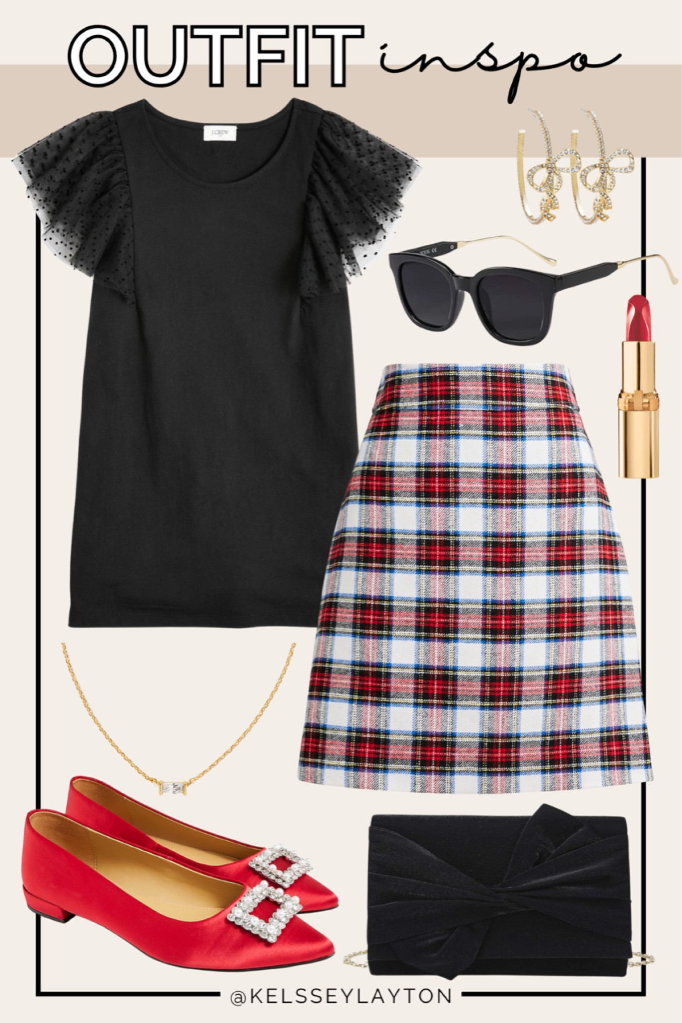 Outfit idea, J. Crew favorite, holiday style, plaid skirt, red flats, black bow clutch 

#LTKHoliday #LTKfindsunder50 #LTKsalealert