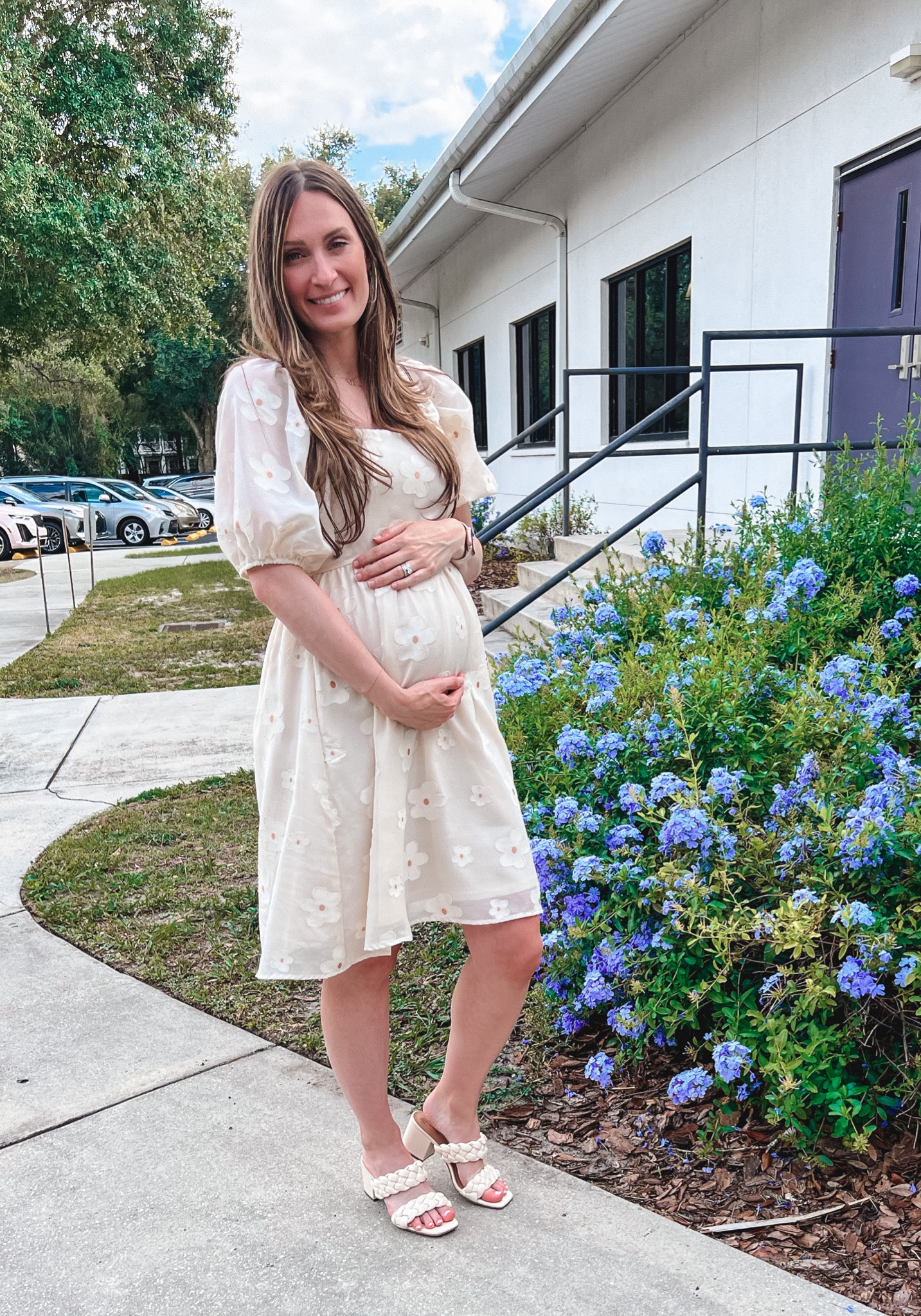 Cream daisy dress
**sizing:
Dress: fits tts, wearing a small
heels: 8.5, fit tts 

#maternityfashion #maternityoutfit

#LTKstyletip #LTKbaby #LTKbump
