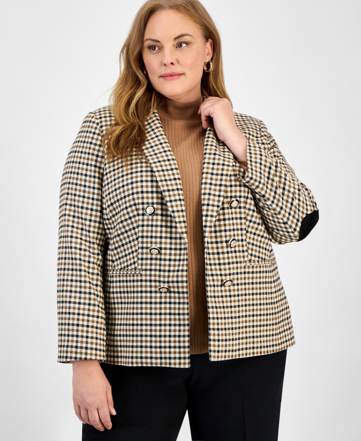 Jones New York Plus Size Check Faux Double-Breasted Jacket - Caramel Multi | Macy's