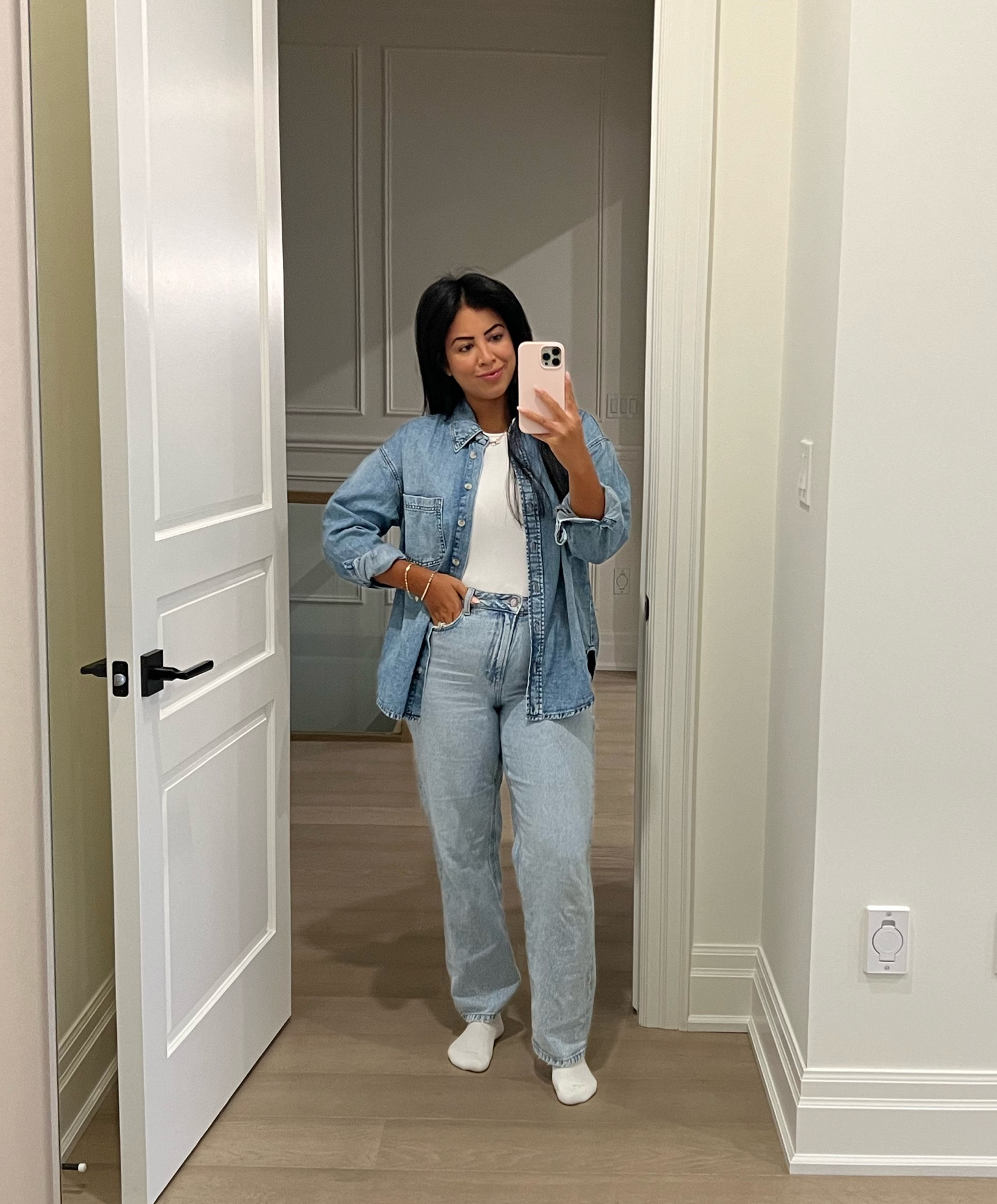 Denim on denim 
Bodysuit medium
Shirt medium
Jeans 29