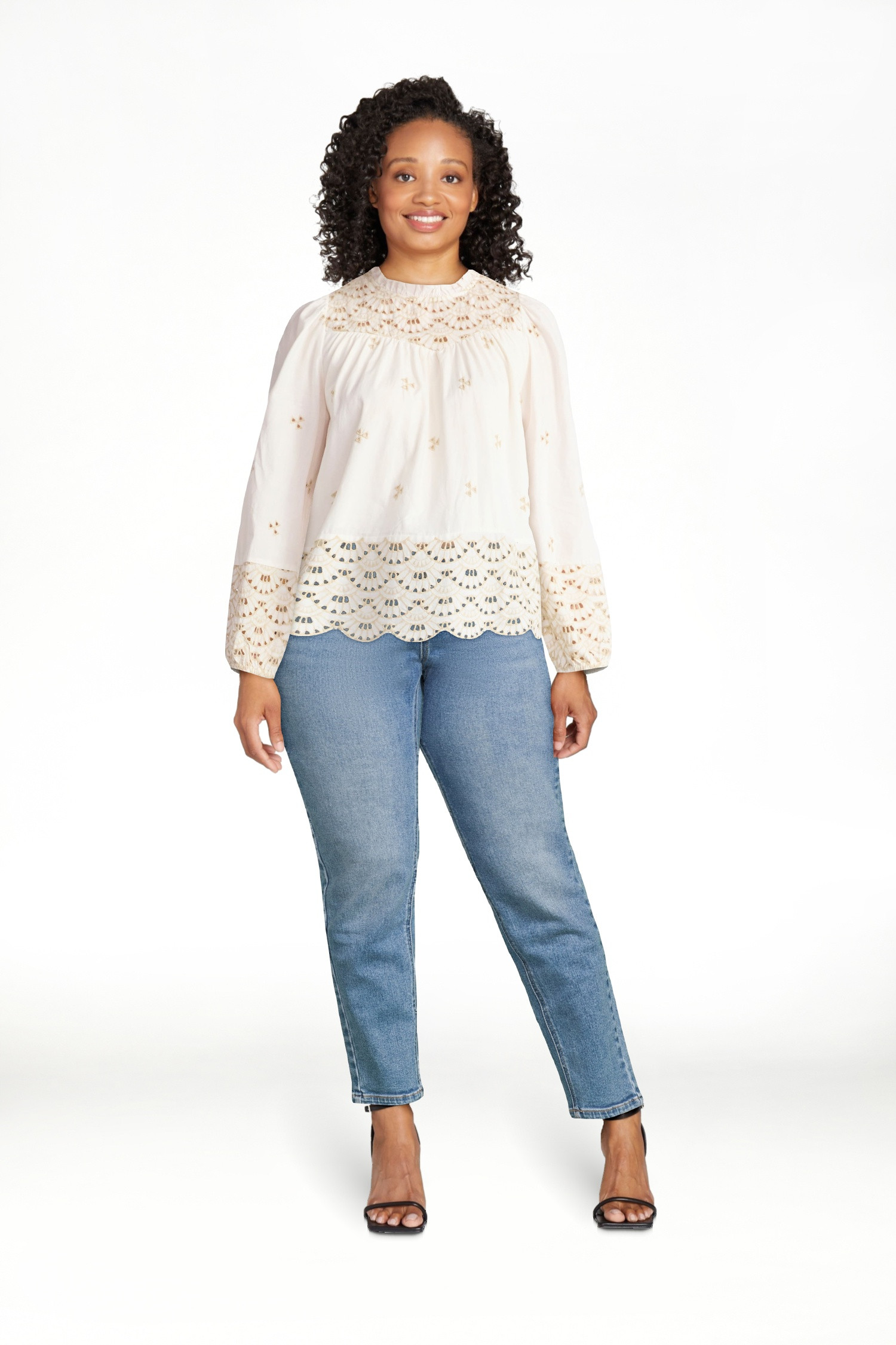 Time and Tru Women's Cotton Eyelet Blouse with Long Sleeves, Sizes XS-XXXL | Walmart (US)