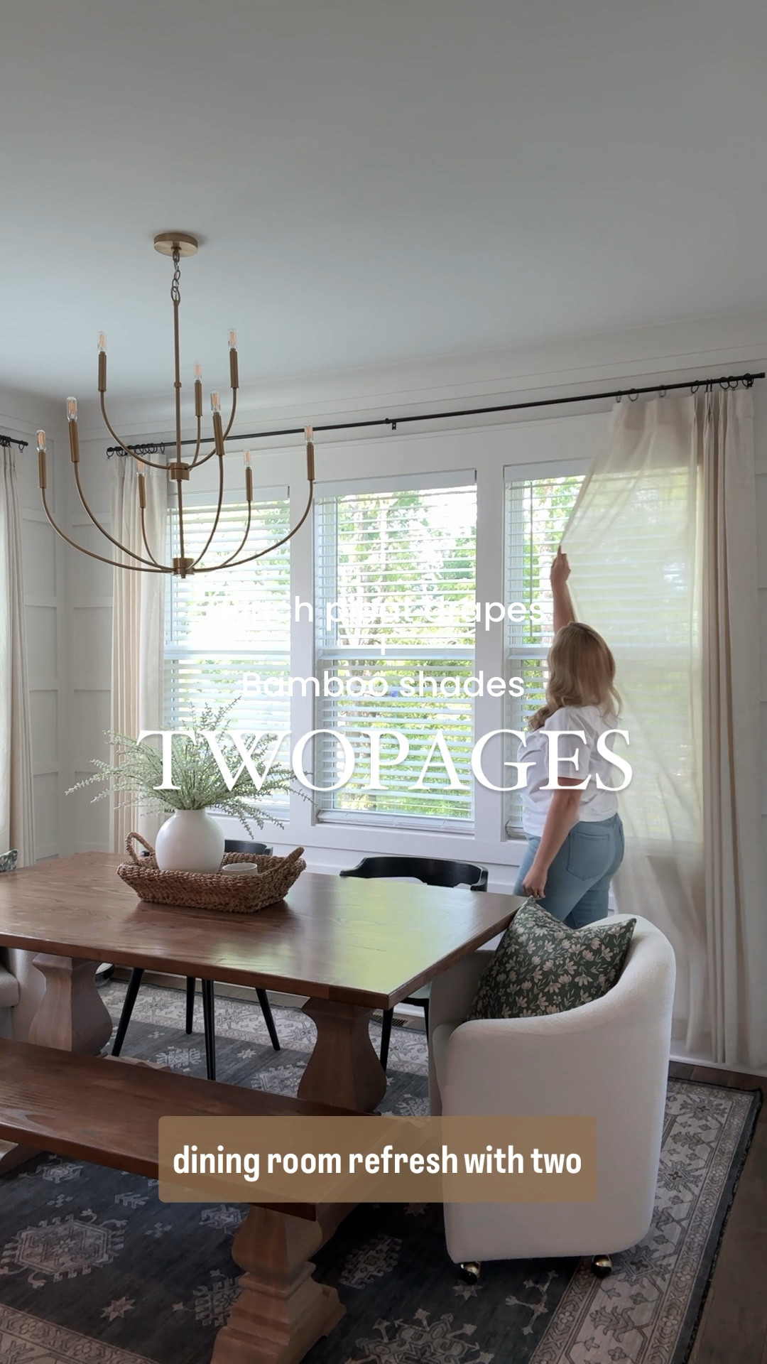Dining Room Refresh with @twopagescurtains 

Instantly warm up your space with these Natural Jute Bamboo woven shades! I got them in the “cinnamon” and they are fully customizable to your windows 

I paired them with my favorite viral pinch pleat drapes, the Liz Linen In “ivory” - I now have these in several rooms of my home and absolutely love the simple transformation they provide to every space! 

Use “OAKHAUS” for 8% off 

#viralpinchpleats #viralreels #twopageshome #customcurtains #customdrapes #pinchpleatcurtains #diningroomdecor #diningroominspo #bambooshades #windowshades #interiordesign #raleighinteriordesign

#LTKstyletip #LTKVideo #LTKhome
