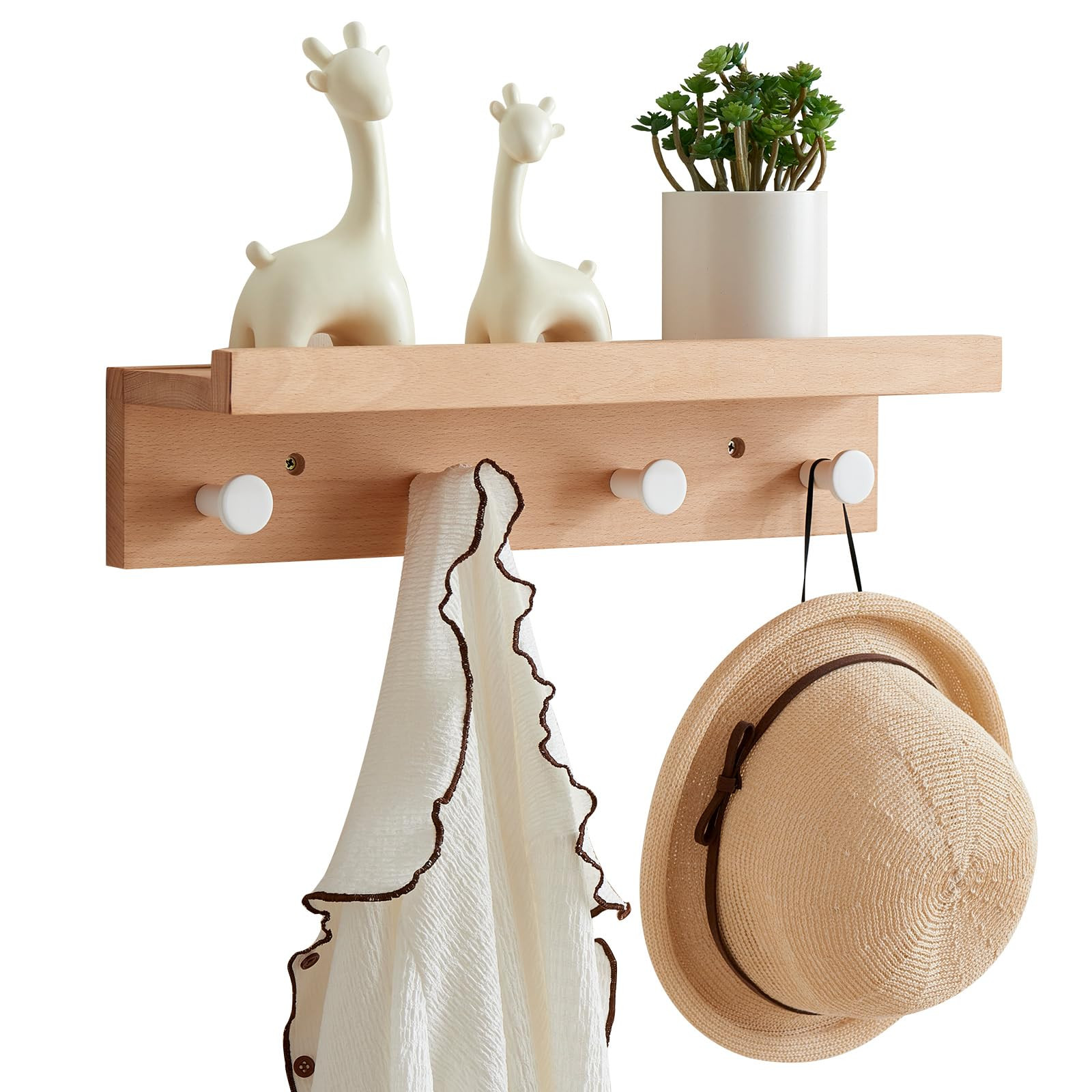 Wall Hooks with Shelf 19 inch, Beech Wood Entryway Wall with 4 Hooks, Floating Shelf Coat Rack fo... | Amazon (US)