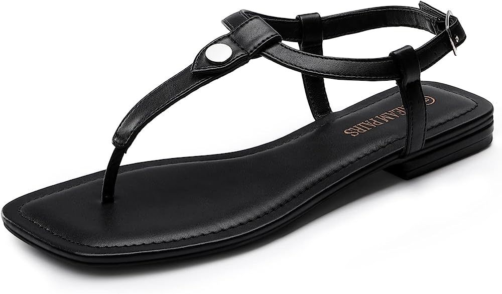 DREAM PAIRS Women's SDFS2301W T-Strap Thong Flat Sandals with Cute Square Toe Strappy for Summer | Amazon (US)
