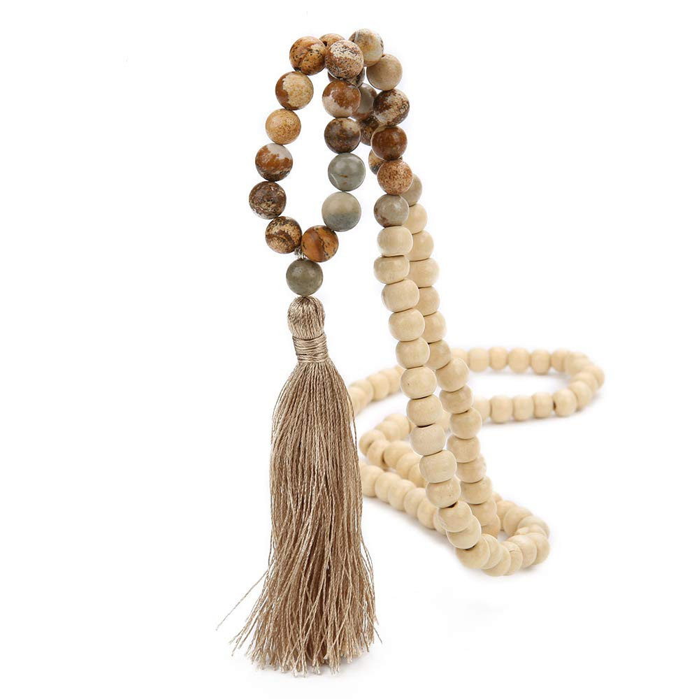 BALIBALI 8MM Semi-Precious Gem Stones Wood Mala Bead Necklace Multicolor Tassel Charms Chain Neck... | Amazon (US)