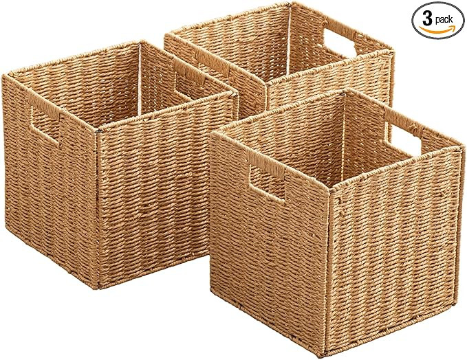 Foldable Storage Baskets with Handles Paper Rope Storage Baskets Rectangle Collapsible Hand Woven... | Amazon (US)