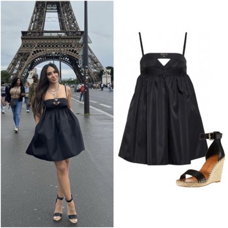 Melissa Gorga’s Black Prada Babydoll Dress and Espadrille Wedge Sandals 📸 = @melissagorga