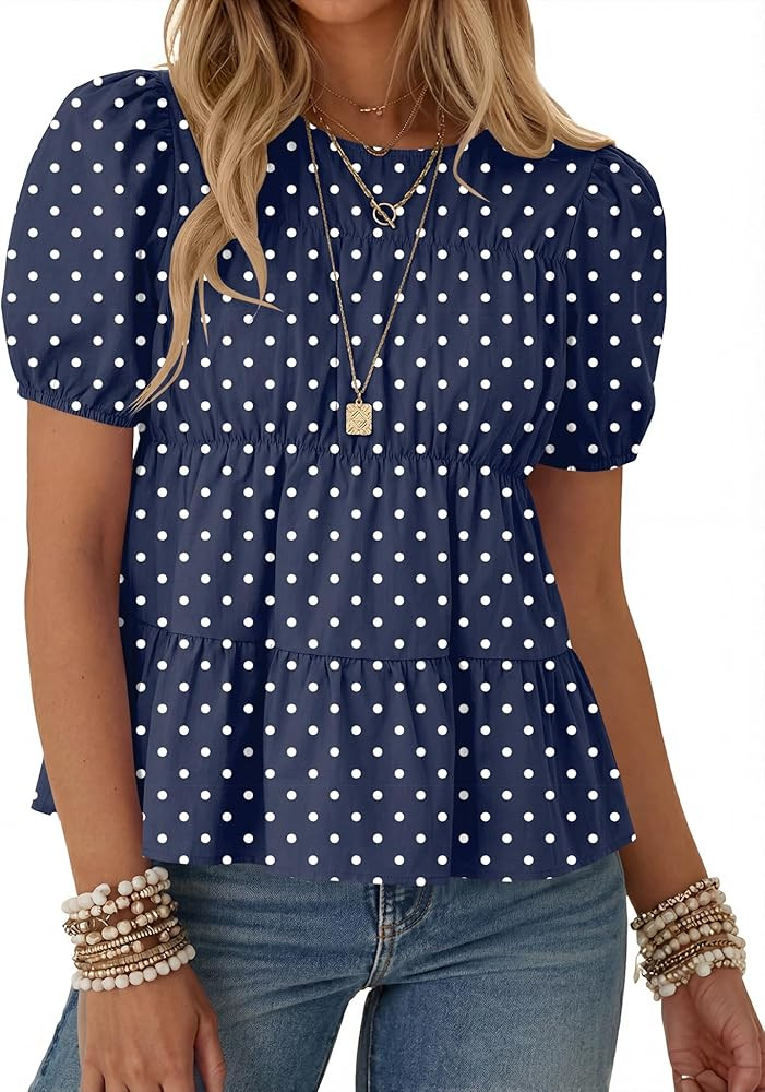 Rapbin Womens Puff Short Sleeve Babydoll Tops Summer Peplum Pleated Cotton T Shirts Casual Loose ... | Amazon (US)