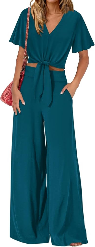 PRETTYGARDEN Women 2 Piece Summer Outfits Short Sleeve Strappy Top Wide Leg Pants Tracksuit Loung... | Amazon (US)