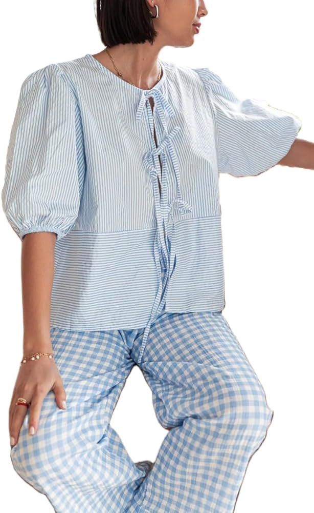 Women Y2K Peplum Shirt Puff Sleeve Tie Front Top Blouse Cute Going Out Babydoll Crop Top | Amazon (US)