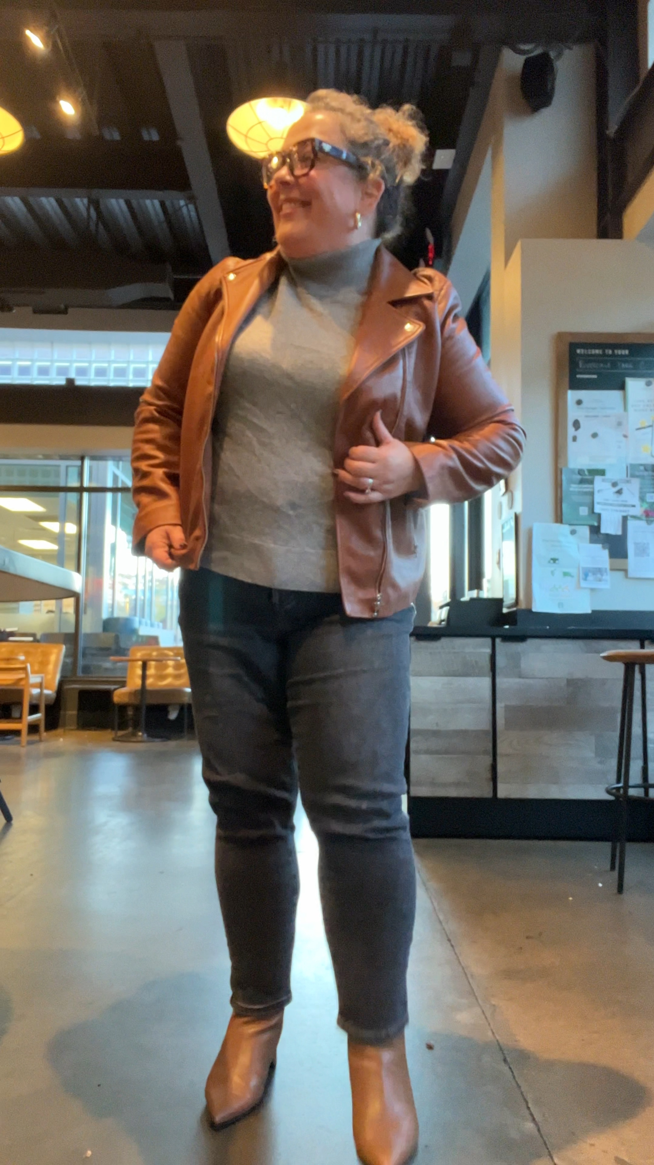 Why yes I did capture a video of my OOTD while waiting for my daughter and my drinks before picking her up from school! I just got the jacket and am pleased with the color, quality, and fit. The sweater and jeans are from previous years but still for sale; the jeans are 12 and the sweater is Large. And these chic boots are shockingly comfortable, come in a range of colors and multiple widths. Have drink and groceries, off to school pickup! 

#LTKFindsUnder100 #LTKOver40 #LTKMidsize