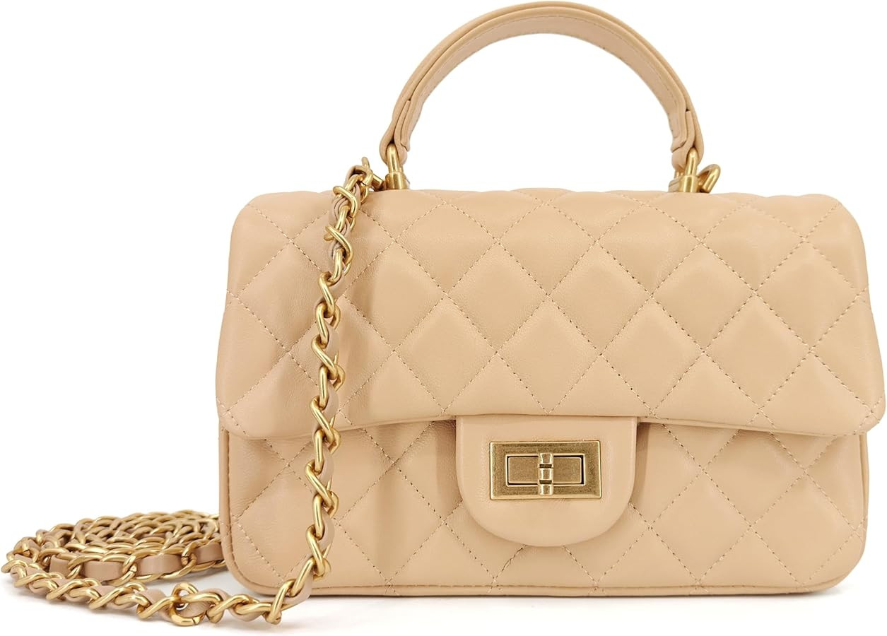 Small Quilted Crossbody Bags for Women, Genuine Leather Shoulder Bag w/Gold Chain Strap, Soft Min... | Amazon (US)