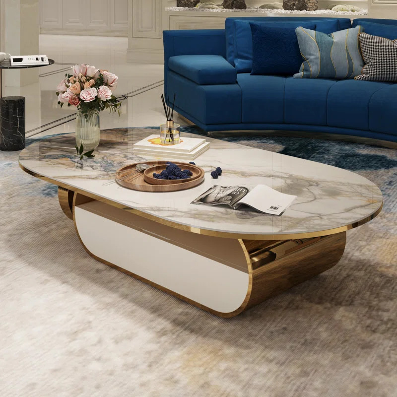 Courtlandt Ultra-Modern Oval Coffee Table Faux Marble Living Room Table with Storage | Wayfair North America