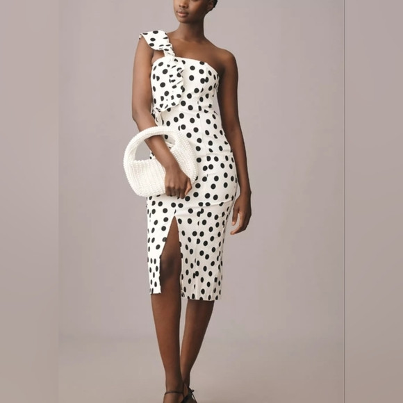 By Anthropologie Ruffle One-Shoulder Polka Dot Slim Dress | Poshmark