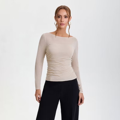 Women's Long Sleeve Ruched Blouse - A New Day™ Beige L | Target