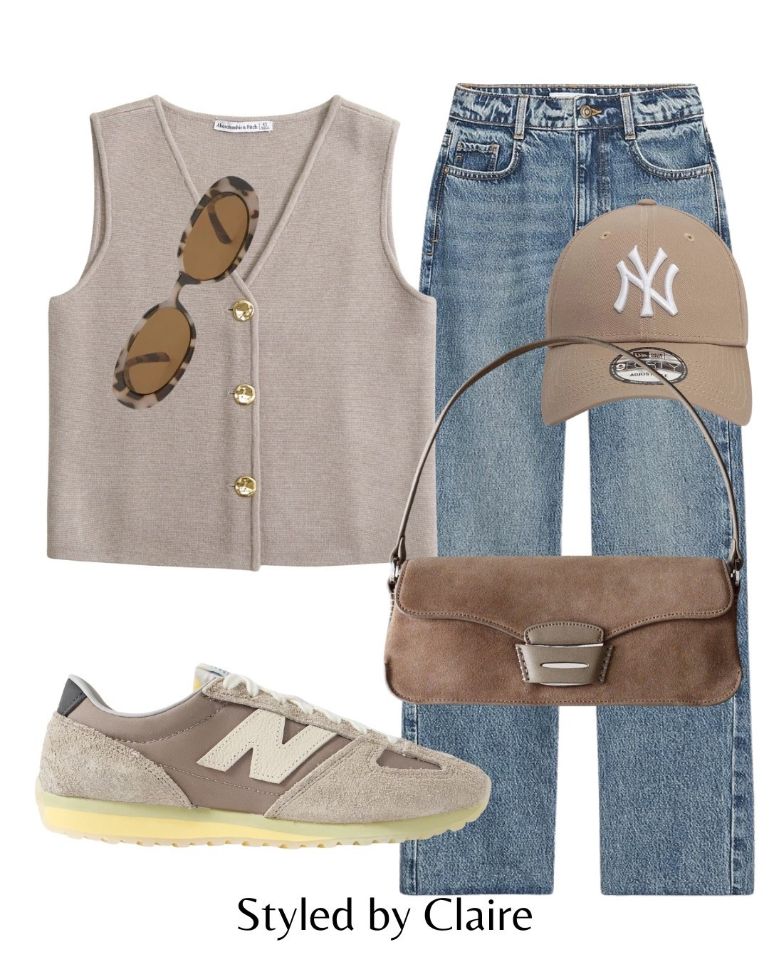TAUPE NEW BALANCE 471s ❤️‍🔥
Tags: waistcoat Abercrombie knit button
 Up Zara jeans high waist straight leg new era cap suede bag trainers sunglasses fashion summer inspo outfit ideas cool girl city break styling capsule wardrobe basics neutral minimal

#LTKsummer #LTKstyletip
