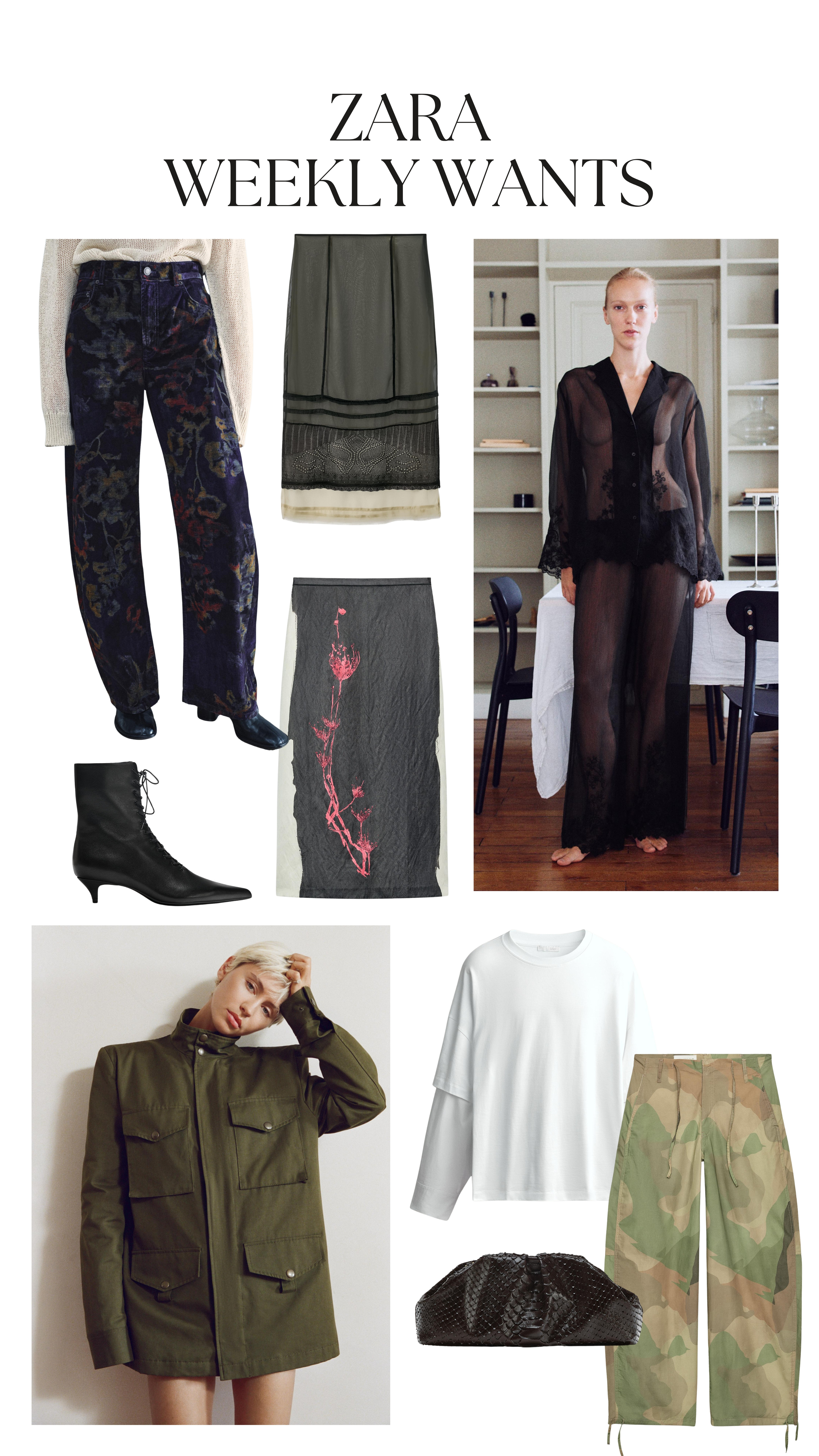 Zara weekly wants 🤍

midi skirt, camo print, barrel trousers, printed trousers, printed jeans, sheer top, autumn jacket 

 #LTKuk #LTKautumn #LTKstyletip
