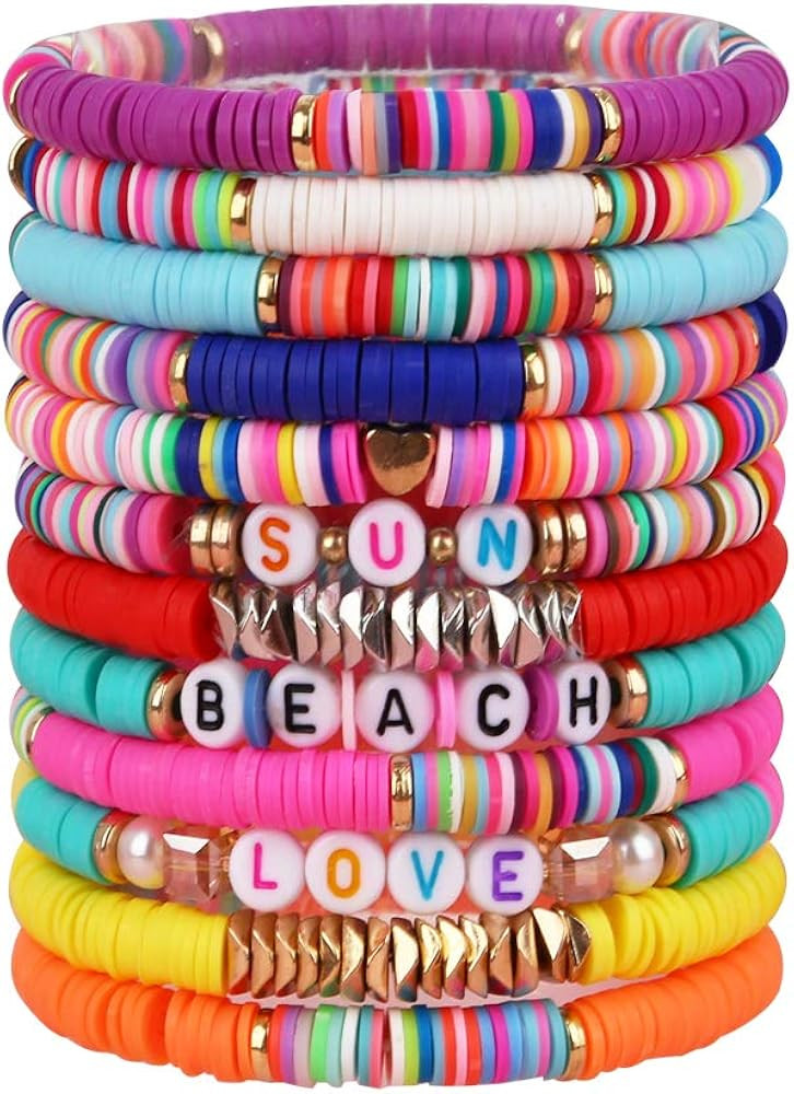 Heishi Surfer Bracelets Set - 7 or 12pc Rainbow Bead Bracelet, African Vinyl Disc 6mm Beads Polym... | Amazon (US)