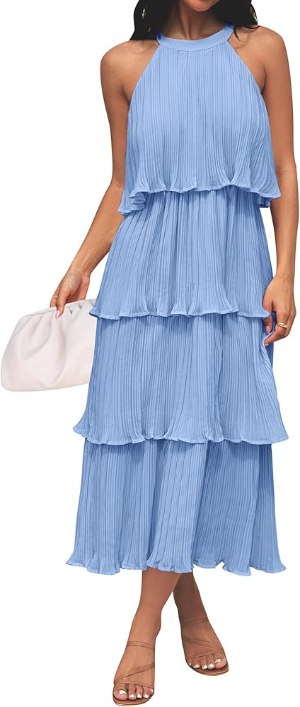 ZESICA Women's 2024 Summer Sleeveless Halter Neck Ruffle Tiered Layered Chiffon Flowy Swing Long ... | Amazon (US)