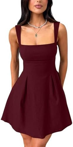 YMDUCH Women's Sexy Sleeveless Square Neck Adjustable Straps Bow Tie A-line Mini Party Club Dress | Amazon (US)