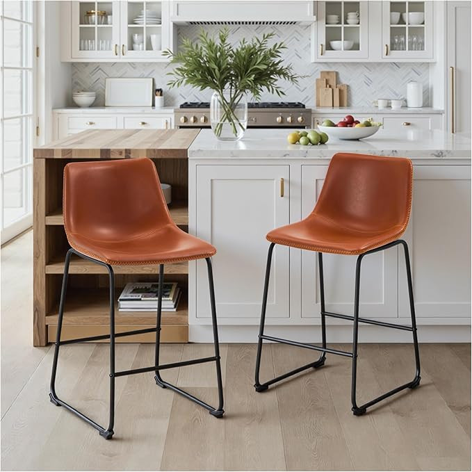 26 Inch Counter Height Bar Stools Set of 2, Crazy Horse Leather Barstools for Kitchen Island, Mod... | Amazon (US)