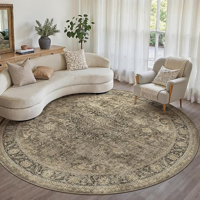 8x8 Washable Brown Round Rug Vintage Living Room Bedroom Circle Rug Non-Slip Soft Low Pile Distre... | Amazon (US)