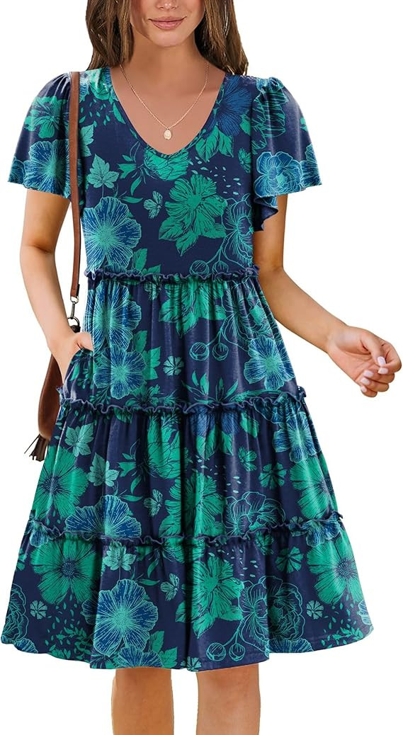 Zeagoo Summer Tiered Mini Dress with Pockets Ruffle Sleeve V-Neck Casual Dress A Line Boho Flowy ... | Amazon (US)