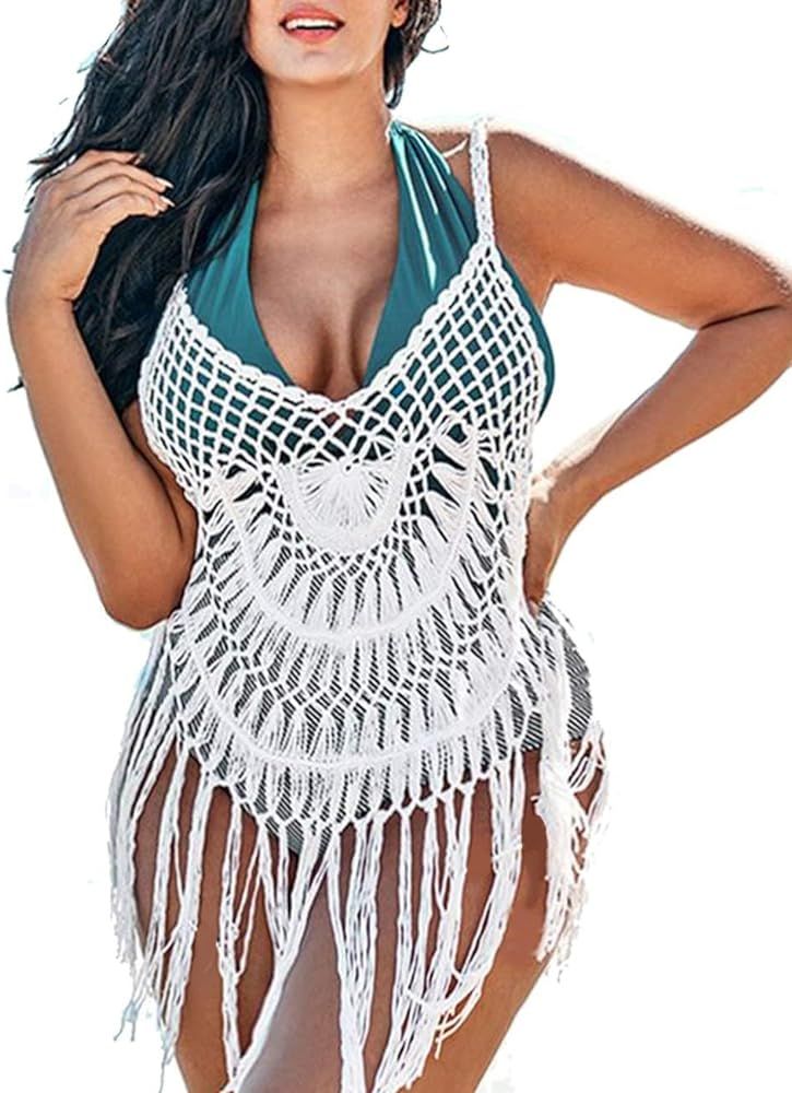 Ekouaer Beach Swimsuit Cover Up Women Crochet Bikini Coverups Summer Pool Swimwear Tassel Dress | Amazon (US)