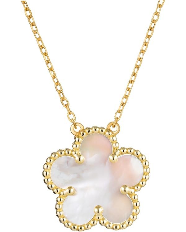 925 Sterling Silver 14K Yellow Gold Plated Hawaiian Plumeria Clover Flower Motif Beaded Necklace ... | Amazon (US)