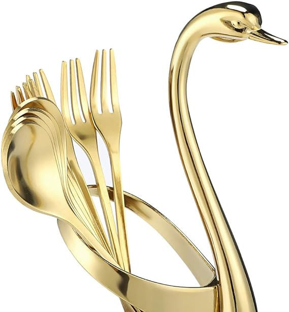 AnSaw Gold Swan Base Holder With 20 Pcs 4.7"Small Leaf Handle Coffee Spoons Set(Gold,20) | Amazon (US)