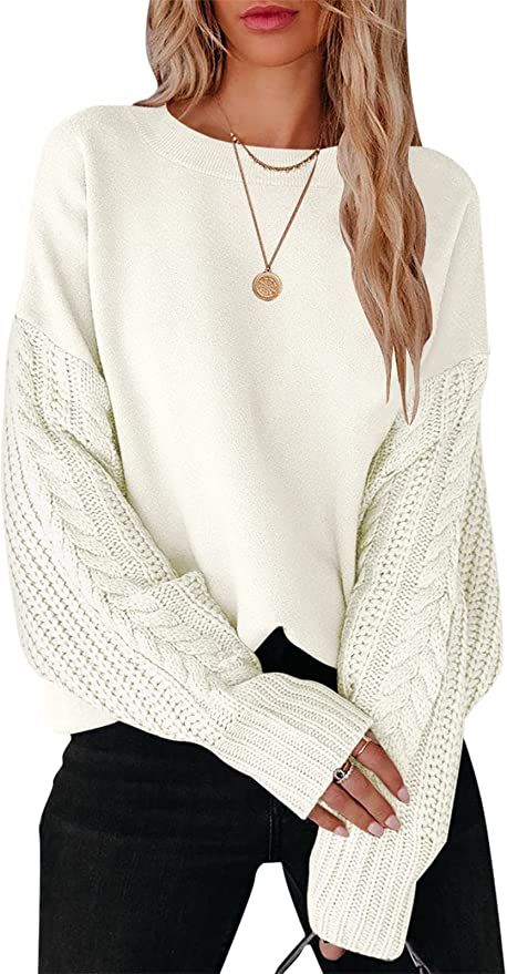 ANRABESS Women's Crewneck Long Sleeve Drop Shoulder Casual Solid Cable Knit Chunky Contrast Pullo... | Amazon (US)