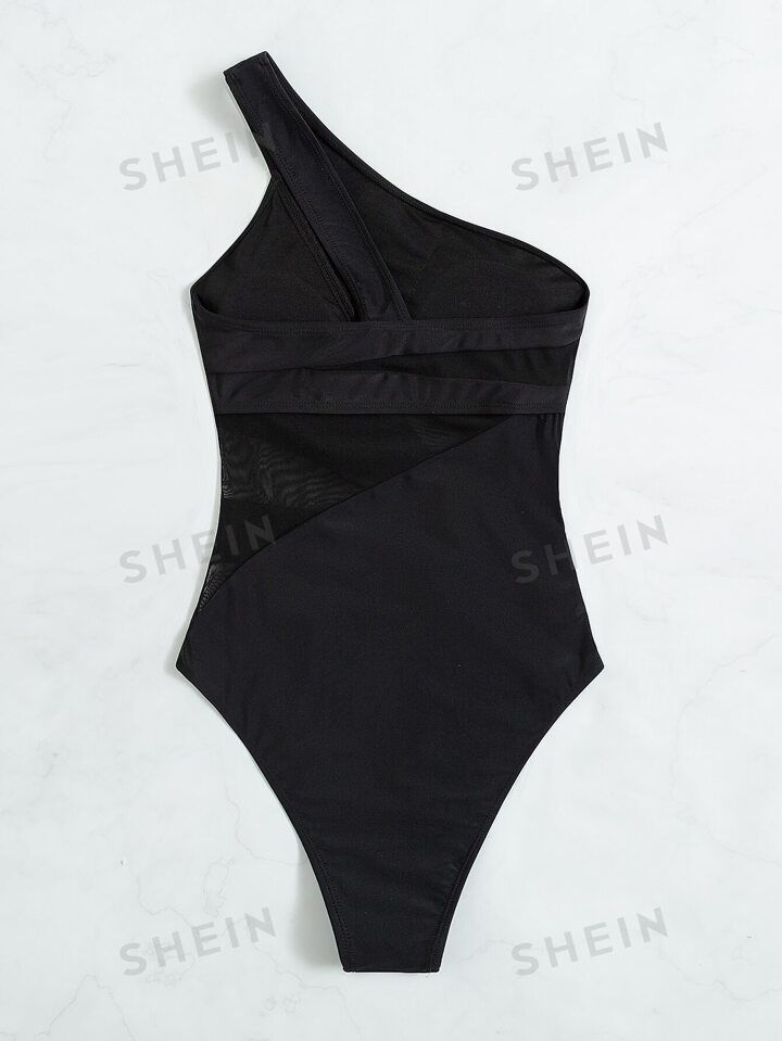 SHEIN Swim Plain Contrast Mesh One Shoulder One Piece Swimsuit | SHEIN
