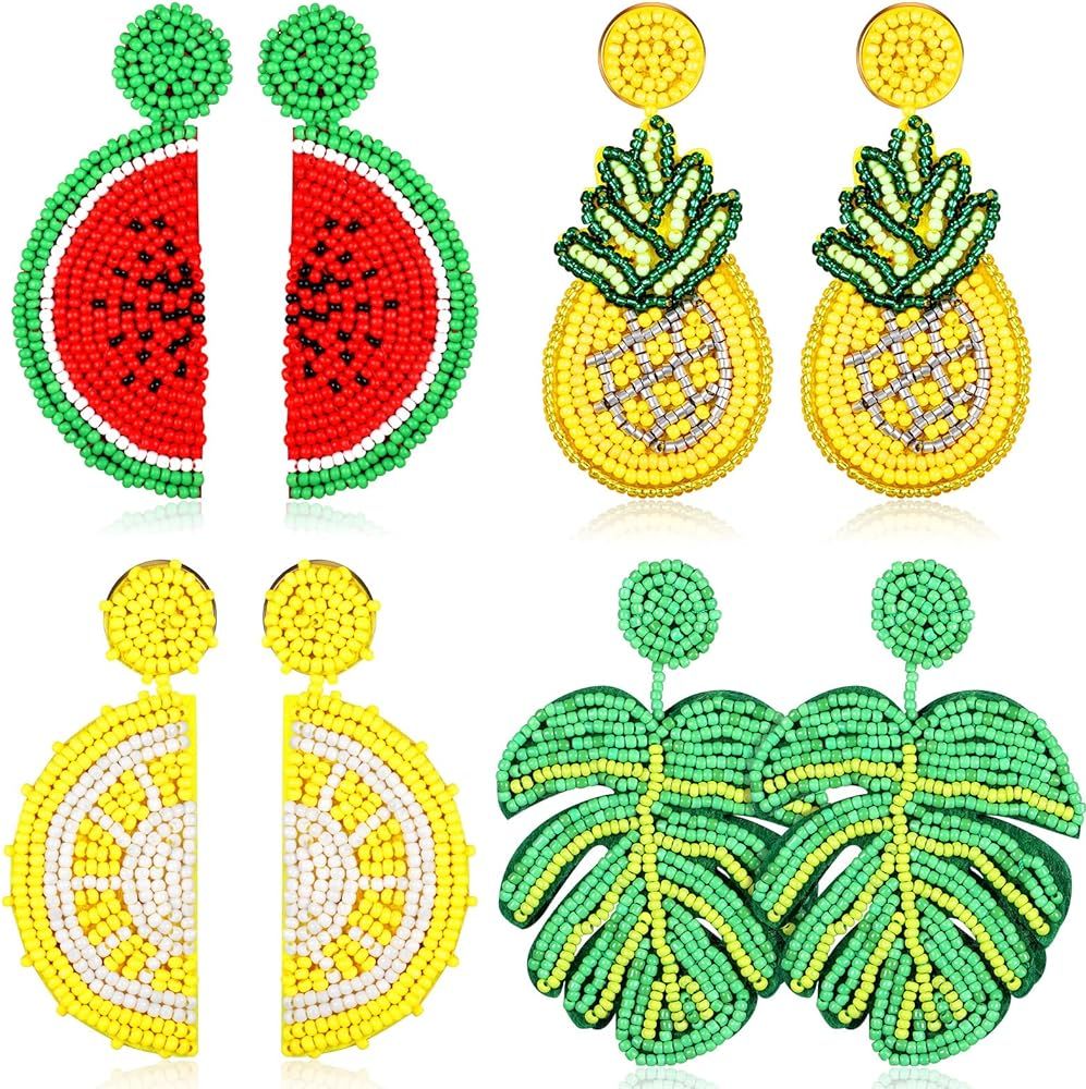 4 Pairs Fruit Beaded Earrings Summer Sports Shapes Bohemian Statement Dangle Earrings for Women Girl | Amazon (US)
