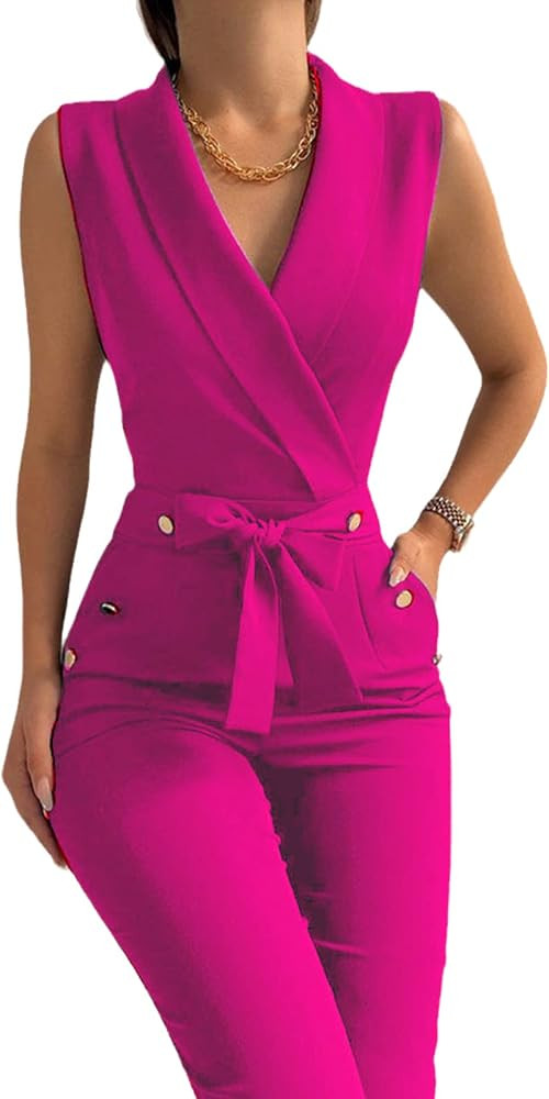 Uni Clau Women's Elegant Jumpsuits V Neck Sleeveless Straight Belted Long Pants Business Suits Se... | Amazon (US)