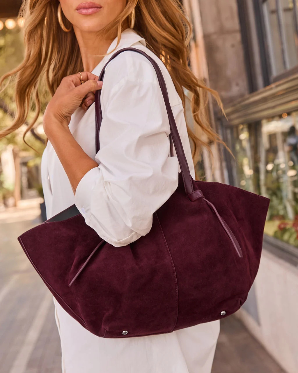 Nicolette Faux Suede Tote Bag Burgundy / O/S | VICI