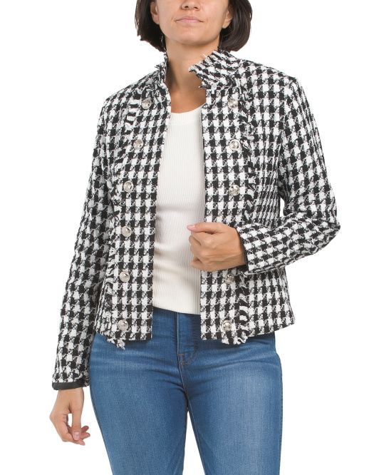 Houndstooth Boucle Jacket With Tight Fringe Detailing | TJ Maxx