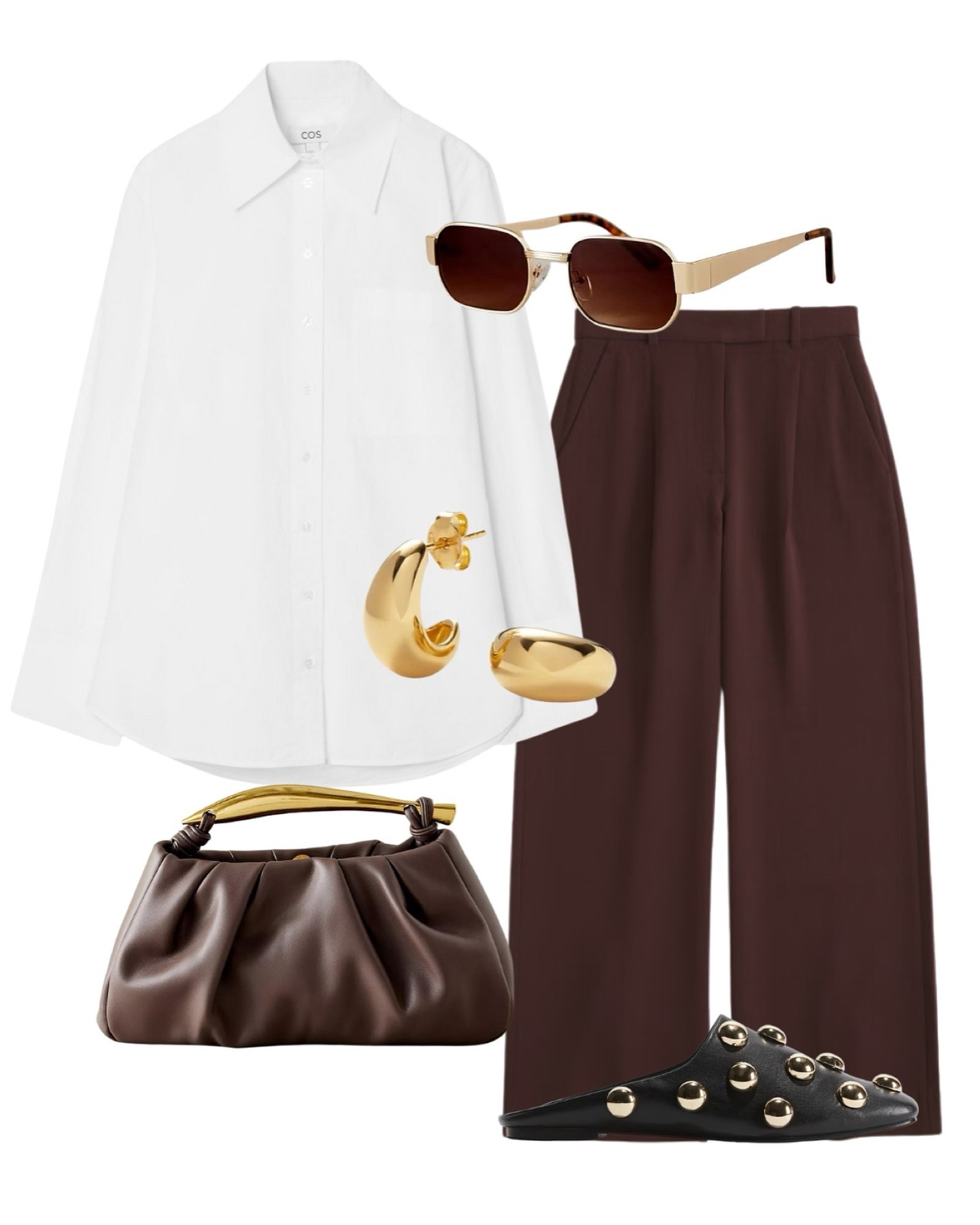 Office outfit inspiration 
Brown trousers 
Crisp white shirt
Burgundy bag 
