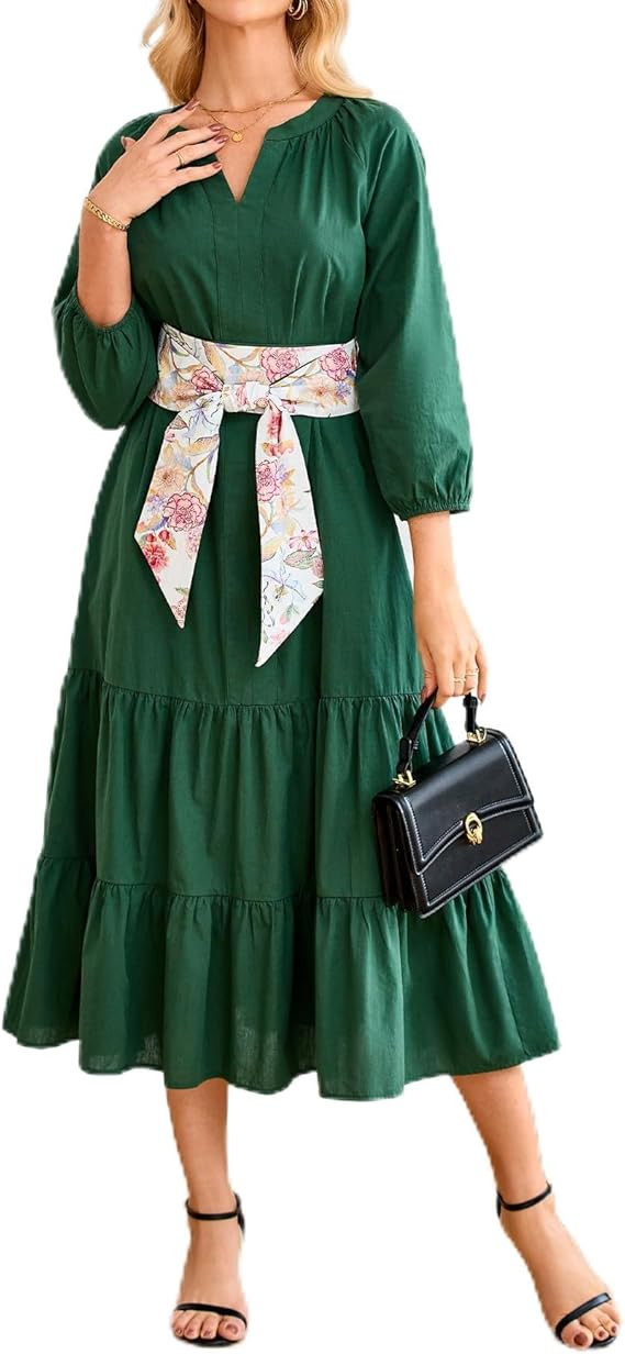 Women’s Fall Cotton Midi Dress 2025 V-Neck Long Sleeve Flowy Tiered Dress with Floral Belt Casu... | Amazon (US)
