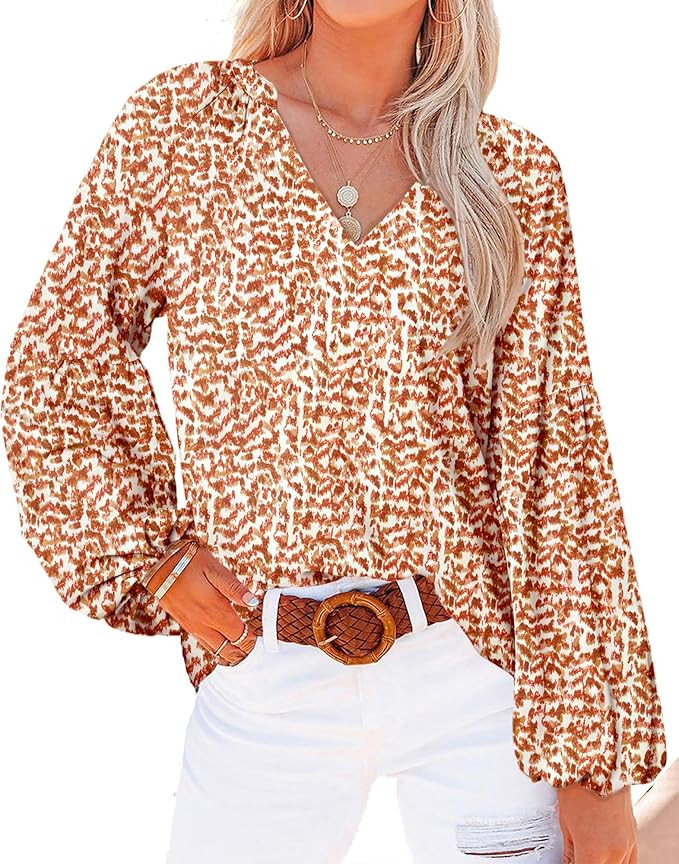 BTFBM Women Casual Boho Blouse Fashion Floral Shirts V Neck Long Puff Sleeve Lightweight Chiffon ... | Amazon (US)